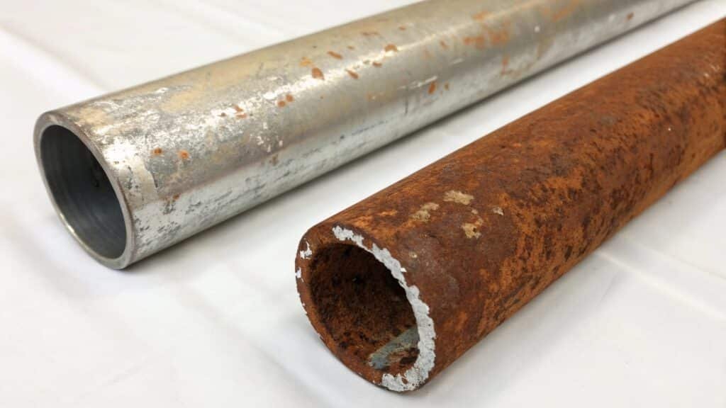 A split image contrasting a flaky, red rusted steel part with a clean, stable aluminum part after years of outdoor exposure.